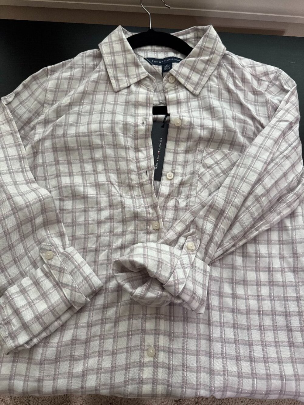 Tommy Hilfiger Plaid Shimmer Heritage Button Down Shirt XS White Taupe